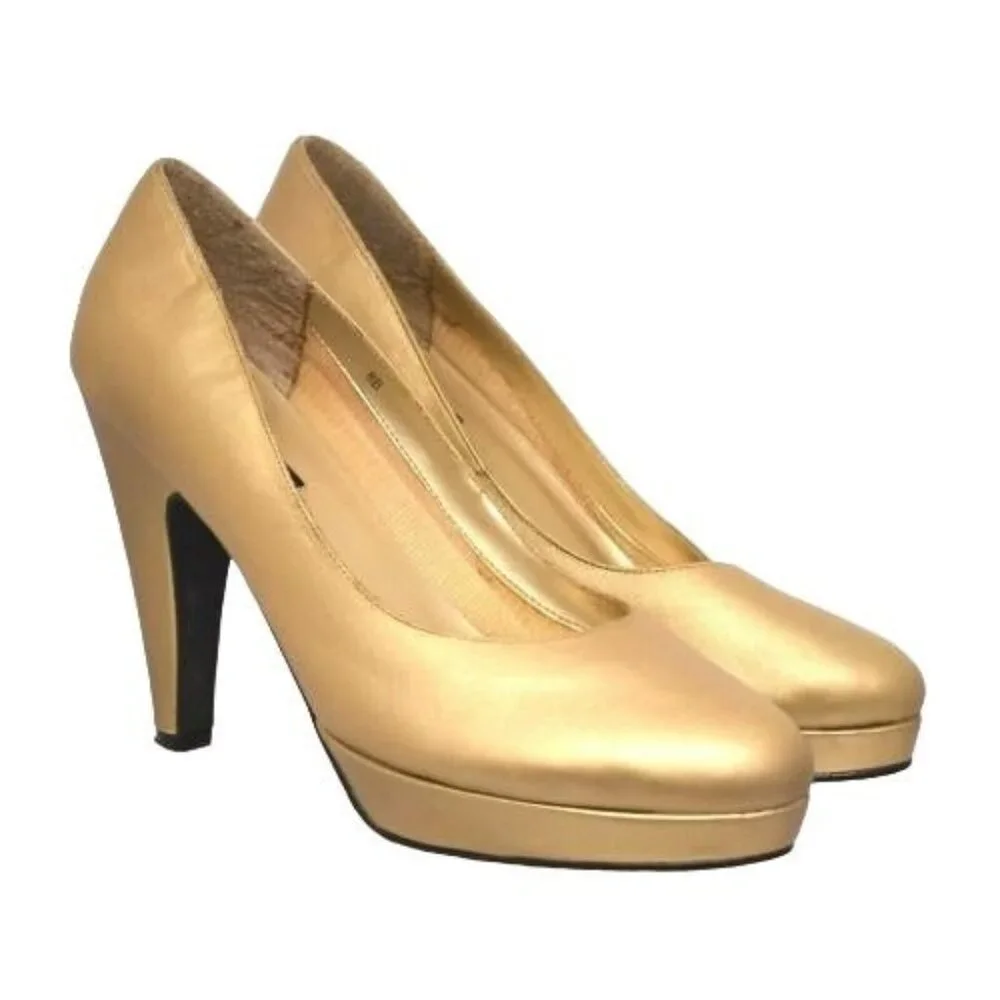 Cami Womens 8 Gold Leather Platform Heel Pumps Party Wedding - Picture 1 of 11